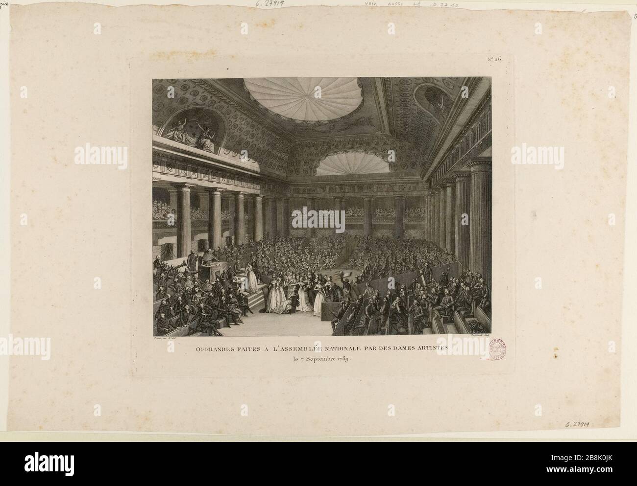 Offres faites par des femmes artistes à l'Assemblée constituante nationale (réunion à Versailles), le 7 septembre. Mme Moitte leur remet une cassette de bijoux. 26 tableaux historiques de la Révolution française (1791-1817). (Titre factice) Banque D'Images