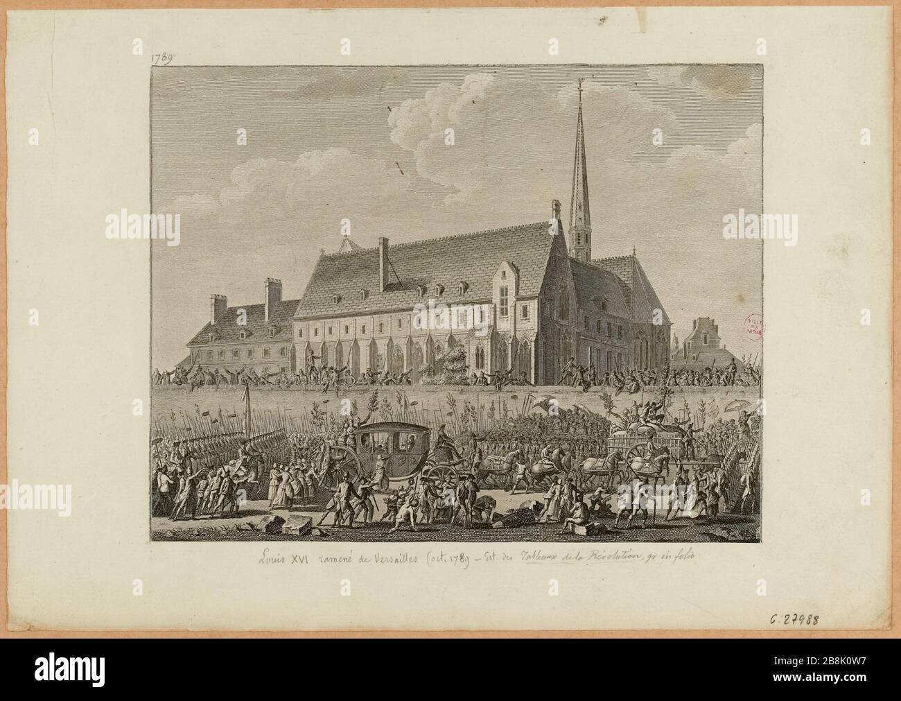 Arrivée de la famille royale à Paris, le 6 octobre 1789, et escorte abrite une foule près du monastère et de l'abbaye de Snowmen, actuelle avenue New York, 16ème arrondissement. (Titre factice) Banque D'Images