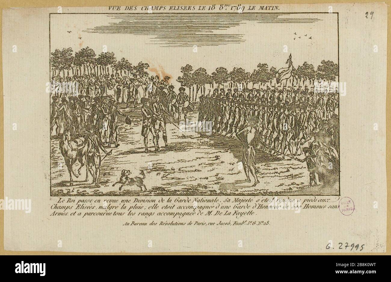 Le roi Louis XVI, accompagné de la Garde d'honneur, passe en revue une division de la Garde nationale en présence de Lafayette, les champs Elysées, 18 octobre 1789. Extrait du Journal des révolutions de Paris. (Titre factice) Banque D'Images