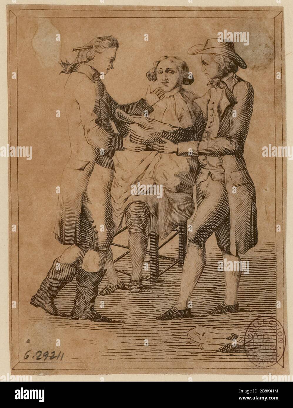Manières de type scène. Client dans un salon de coiffure jusqu'en 1795. Révolution française, le répertoire. (TF) Banque D'Images