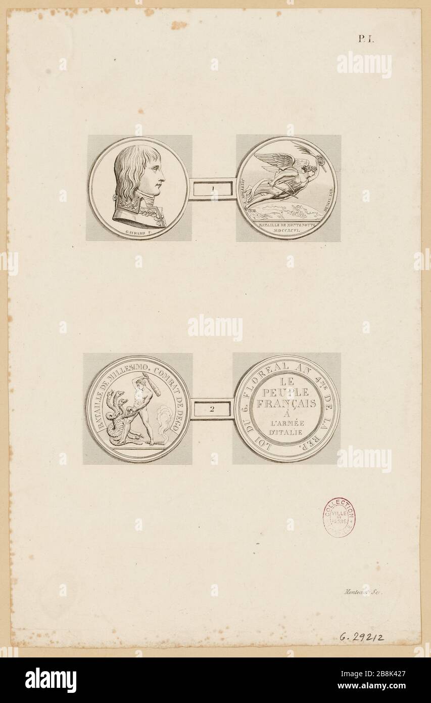 Reproduction 2 médailles commémoratives de la campagne italienne, nº1-2 (droite et arrière) frappées dans l'année IV, sur les victoires à Montenotte et Millesimo (12 et 15 avril 1796). Portrait de Bonaparte. Révolution française, le répertoire. (titre factice) Banque D'Images Reproduction 2 médailles commémoratives de la campagne italienne, nº1-2 (droite et arrière) frappées dans l'année IV, sur les victoires à Montenotte et Millesimo (12 et 15 avril 1796). Portrait de Bonaparte. Révolution française, le répertoire. (titre factice) Banque D'Images