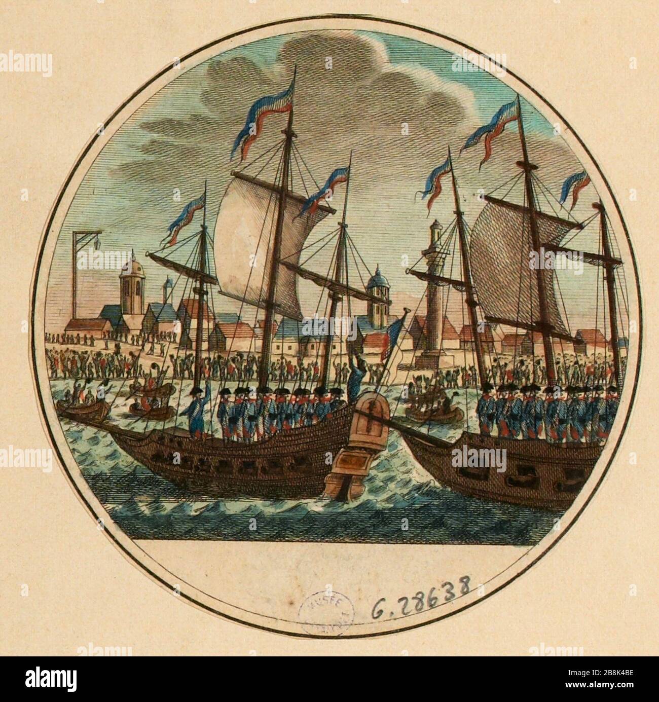 Arrivée au port d'Ostende (Belgique) navires, division maritime du Nord Mauthon 16 novembre 1792 93ème table, tableau 6 de la galerie d'histoire ou des Tables des événements de la Révolution française (1795-1799). (Titre factice) Banque D'Images