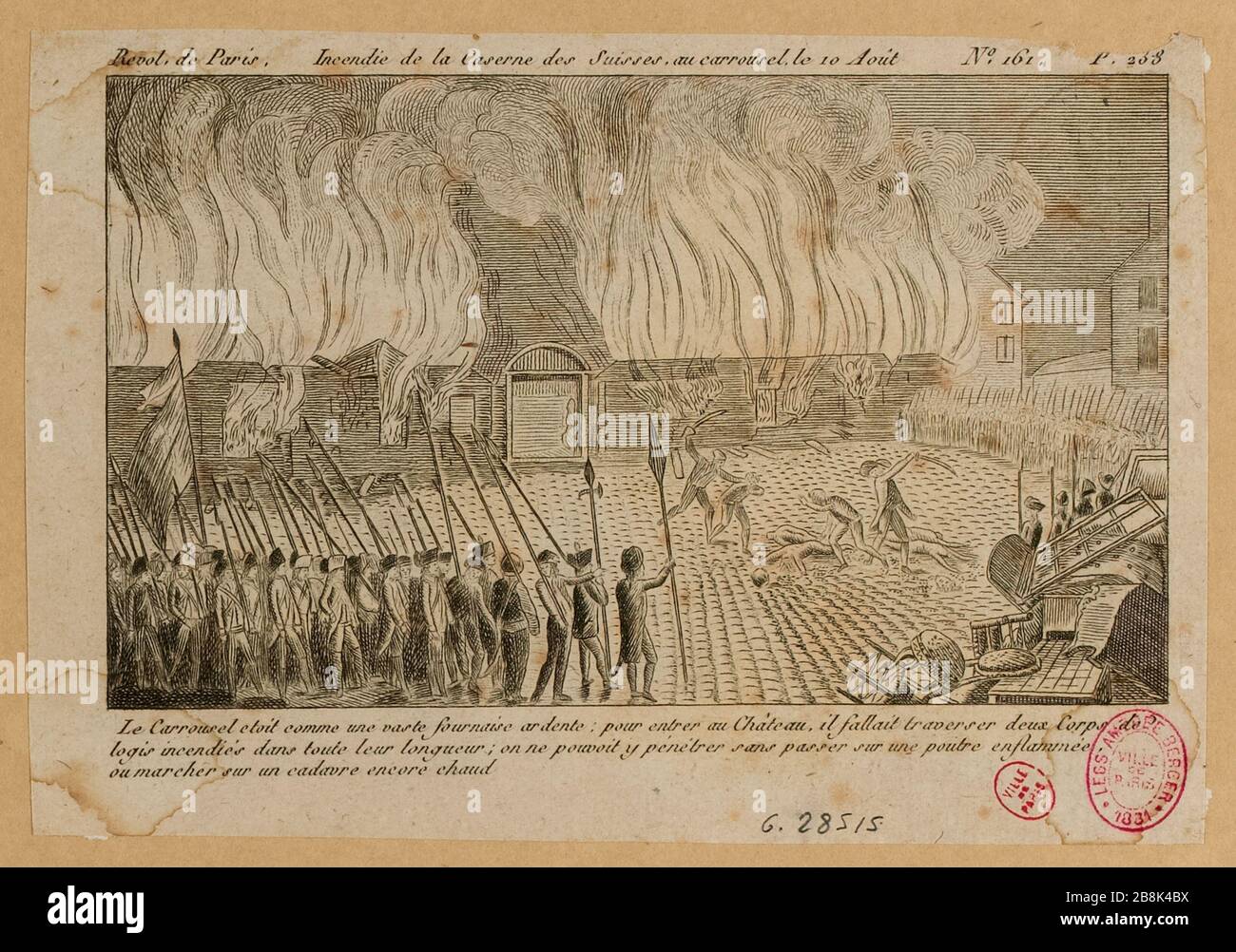 Révolution française : jour 10 août 1792 : massacre des gardes suisses et casernes de pompiers de Carrousel par la Garde nationale, l'État fédéral et les sans-culotes. 1ère arrondissement. Nº1610, p.11, 4-11 août 1792, le journal révolutions de Paris Prud'homme (titre factice) Banque D'Images