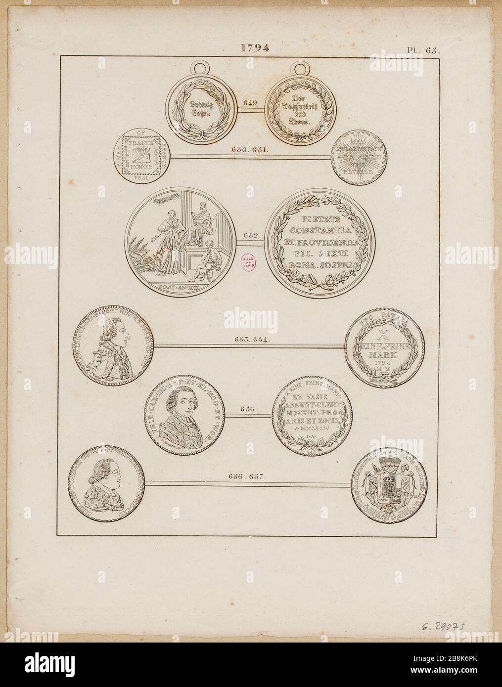 Reproduction de 5 pièces, jetons 2 et 2 médailles républicaines nº649-657 (d. Et r.) Frappé en 1794. PL. 65 de l'histoire numismatique de la Révolution française (...) M. Hennin, paris, 1826 T.2. (TF) Banque D'Images
