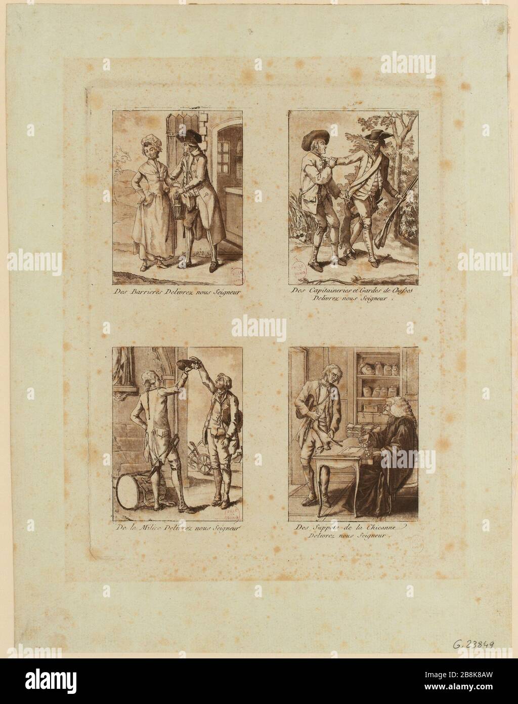 Caricature, satire sur les abus et les privilèges sous l'ancien régime : engagé dans la collecte de récompenses, de gardes de chasse, de recrutement de milices et de corruption judiciaire. Révolution française, 1789. (titre factice) Banque D'Images