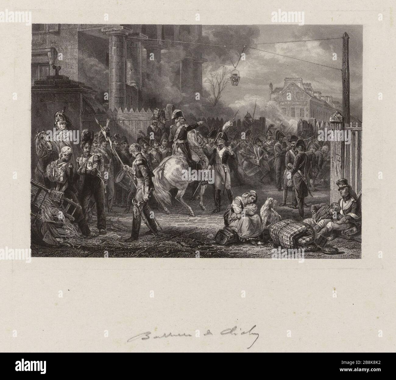 Défense de Paris à Clichy, le 30 mars 1814, sous le commandement du maréchal Moncey Jean-Pierre-Marie Jazet (1788-1871). Défense de Paris à la barrière de Clichy, le 30 mars 1814, sous le commandement du Maréchal Moncey. Eau-forte et burin. Paris, musée Carnavalet. Banque D'Images