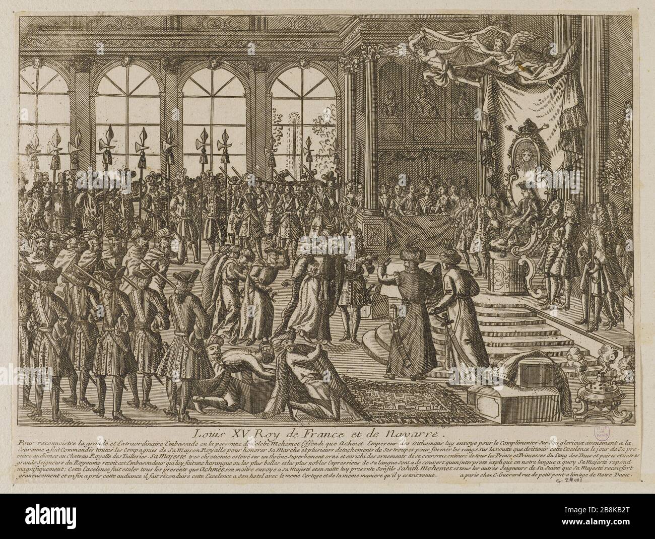 Mehemet Effendi reçu par le roi Louis XV aux Tuileries (et au cours de la cérémonie) "Réception de Mehmet Effendi par le roi Louis XV aux Tuileries et déroulement de la cérémonie". Anonyme/(chez C. Guérard, Paris). 1721. Eau-forte. Paris, musée Carnavalet. Banque D'Images