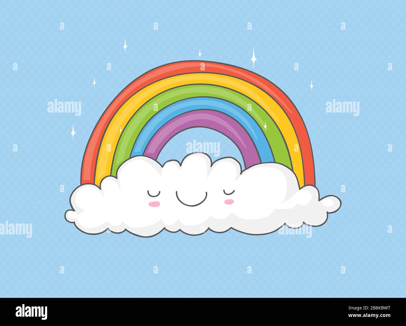 Dessin mignon et froid d'un arc-en-ciel sur un nuage souriant pour les enfants Illustration de Vecteur