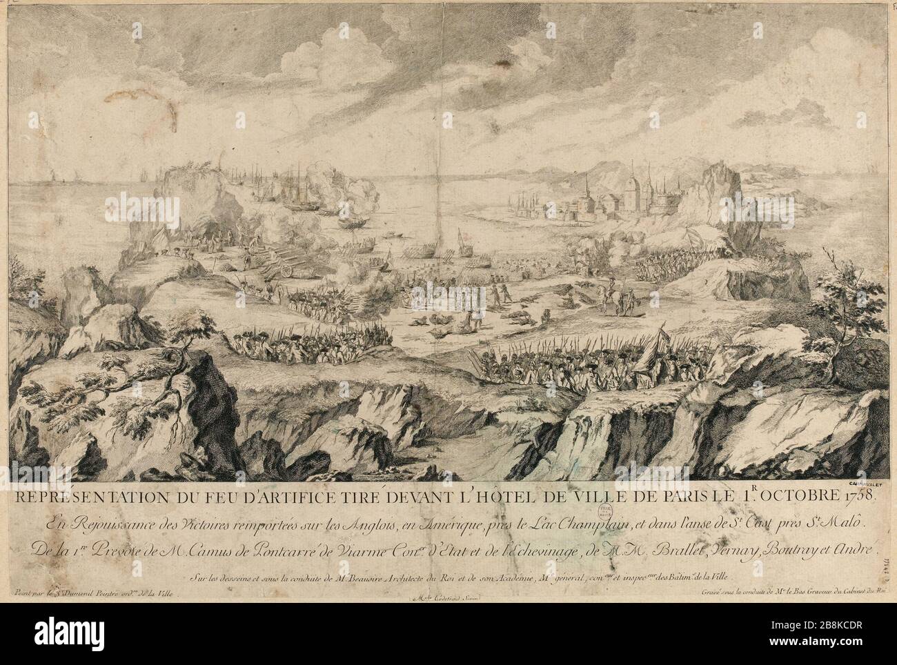 Représentation des feux d'artifice devant l'Hôtel de Ville de Paris le 1er octobre 1758. (TI) Banque D'Images