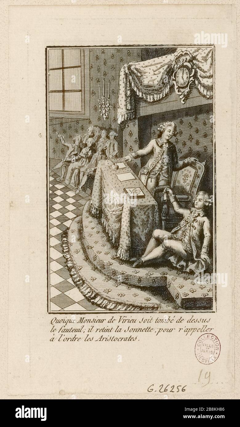 Bien que M. Virieu soit tombé du siège, il a gardé la cloche, pour que r'appeller ordonne les Aristocrates. (TI) Banque D'Images