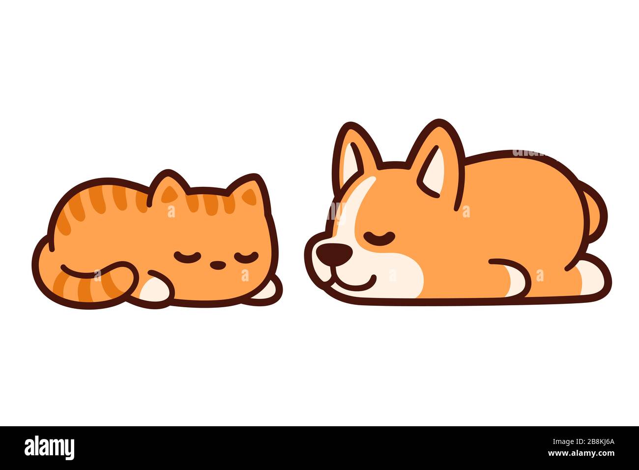 Mignon dessin animé chiot corgi et chaton de gingembre dormant ensemble. Adorable dessin de chat et de chien dormant, illustration vectorielle. Illustration de Vecteur