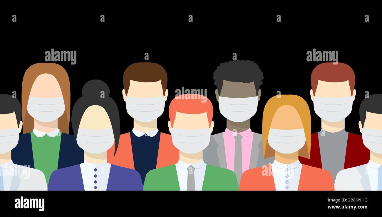 Les gens dans le modèle de masque médical , les avatars mâles et femelles en vêtements, dans un style plat conceptuel de soins de santé isolés sur un fond noir Illustration de Vecteur