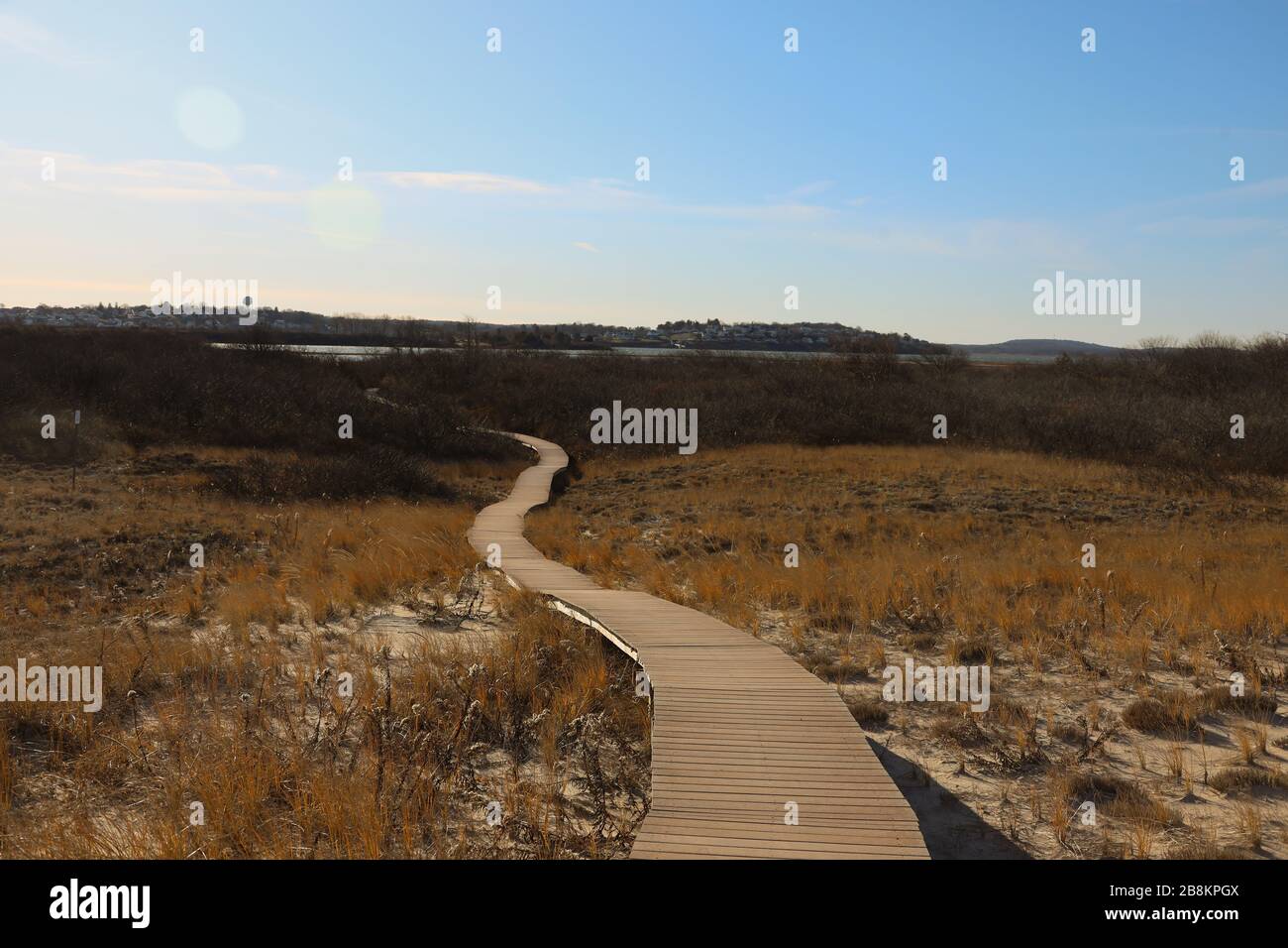 Plum Island, Ma novembre 2019 promenade en bois qui serpente à travers les dunes de sable une journée d'automne Banque D'Images