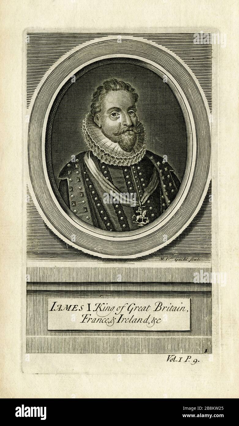 Le roi Jacques I d'Angleterre et VI d'Écosse (1566-1625), sous le patronage duquel la traduction de la Bible en anglais du roi Jacques a été entreprise en 1611. Gravure du graveur flamand Michael van der Gucht (1660-1725), publiée pour la première fois au début de 1700s. Banque D'Images