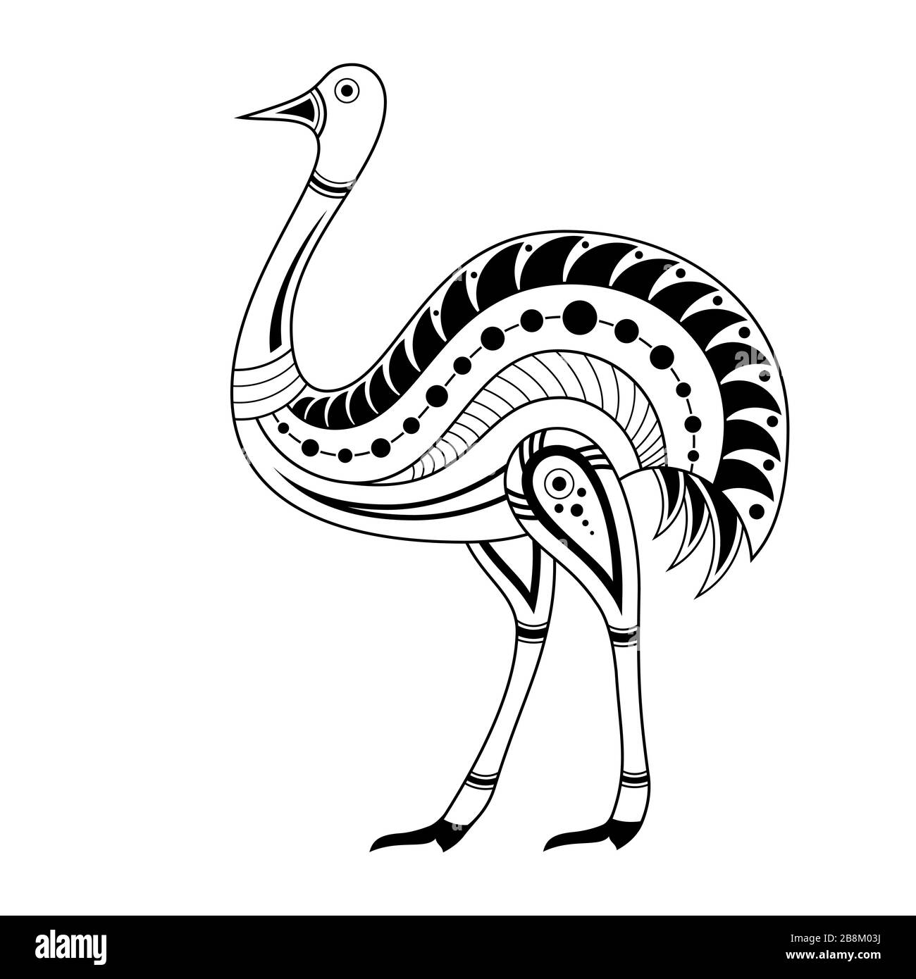 Autruche. Style artistique aborigène. Tatouage. Logo noir et blanc. Illustration vectorielle monochrome isolée sur fond blanc. Illustration de Vecteur