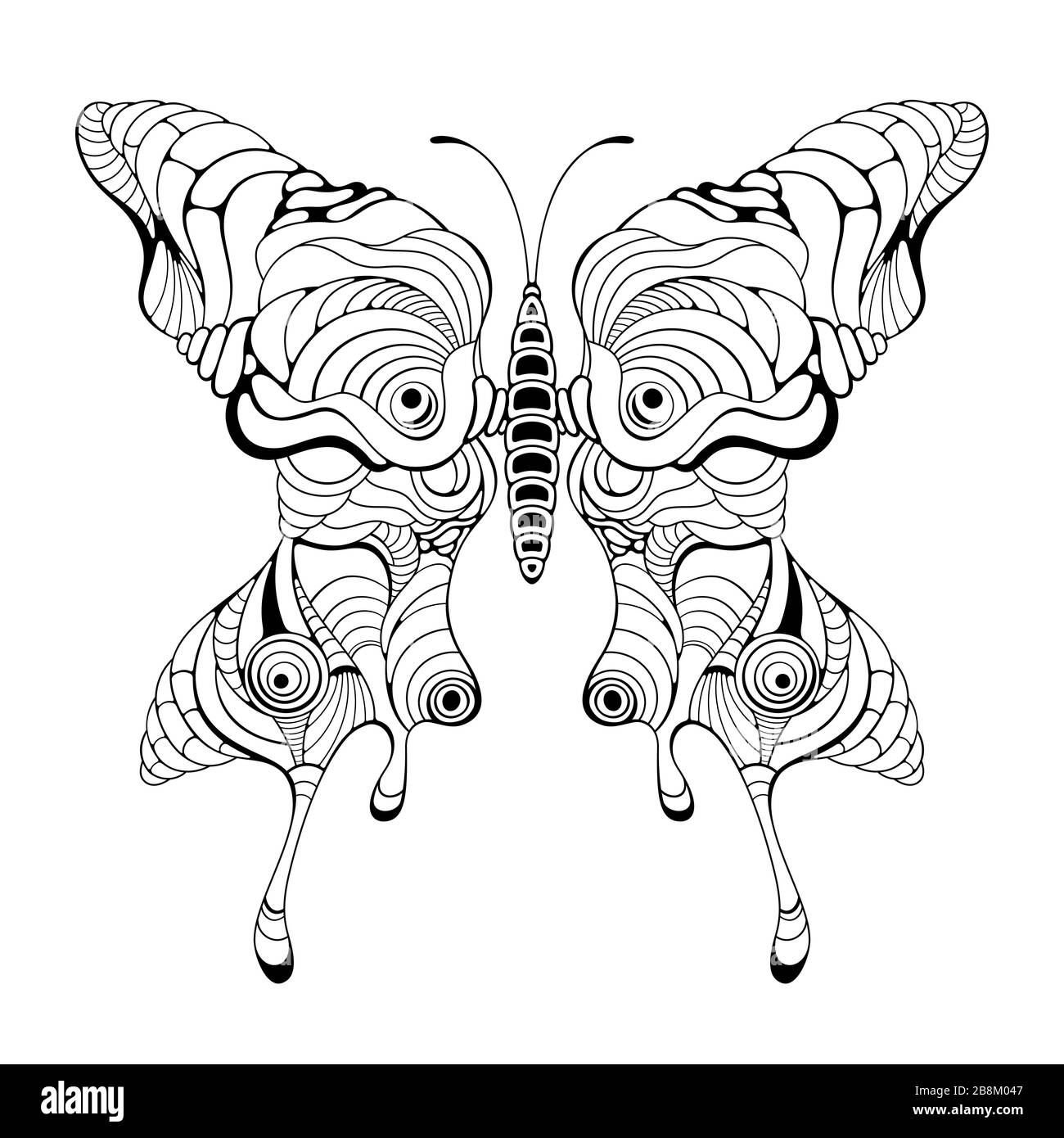 Pochoir vectoriel en forme de papillon pour imprimé tatouage ou t-shirt. Ornement de papillon symétrique. Surréaliste. Dessin à la main d'encre monochrome illustration. Illustration de Vecteur