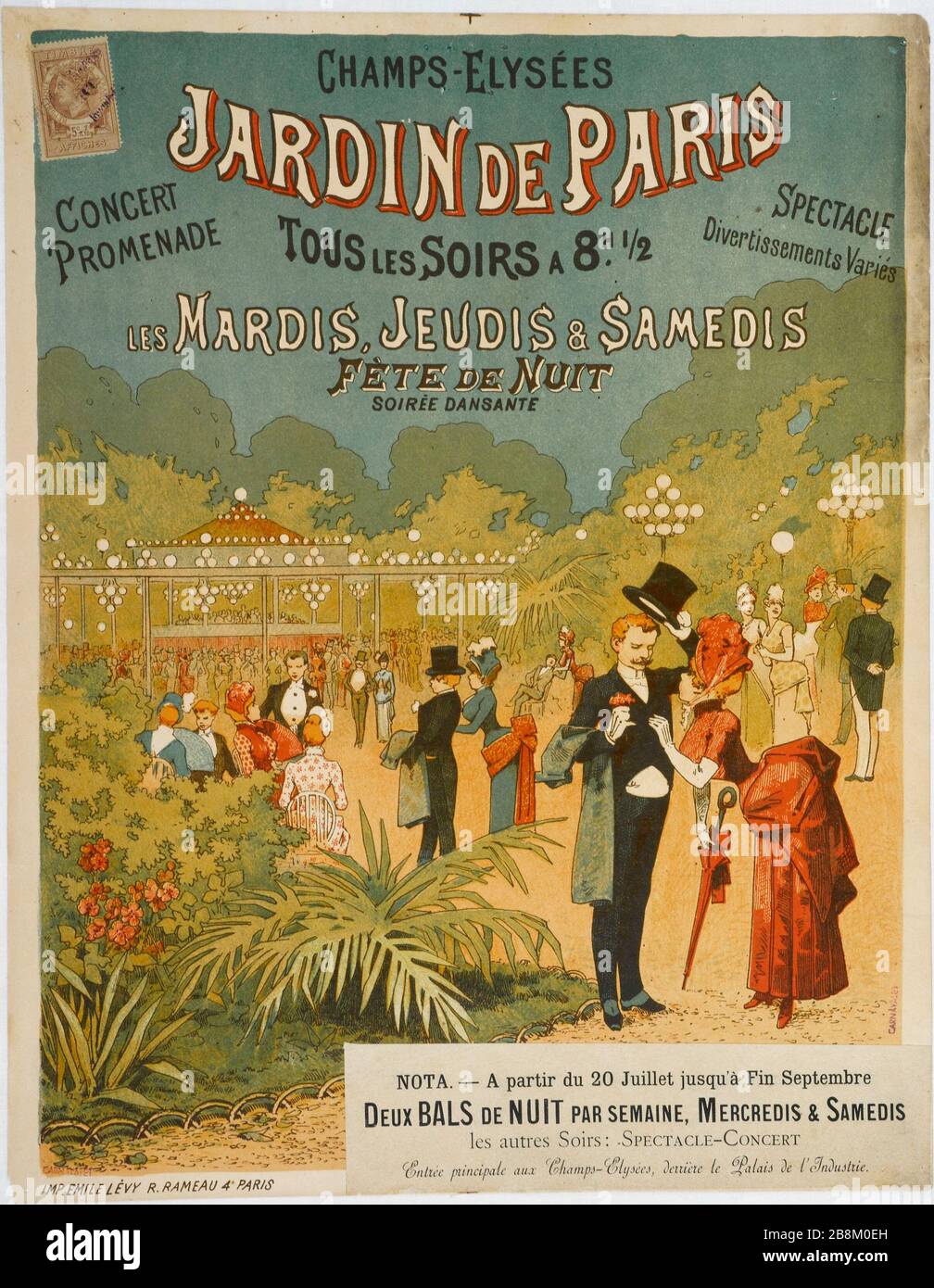 GARDEN PARIS CONCERT DRIVE, SPECTACLE, DIVERTISSEMENT DIVERS, SOIRÉE DE FÊTE EMILE LEVY. 'Jardin de Paris, concert, Promenade, spectacle, Diversations VARIÉS, Fête de Nuit'. Fiche. Lithographie couleur. Paris, musée Carnavalet. Banque D'Images