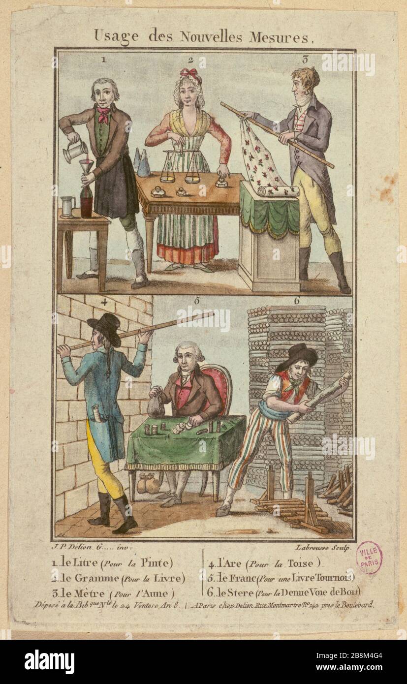 FRANCE - UTILISER DE NOUVELLES MESURES "utilisation des nouvelles mesures" par Labrousse et Délion. Estampe. Paris, musée Carnavalet. Banque D'Images