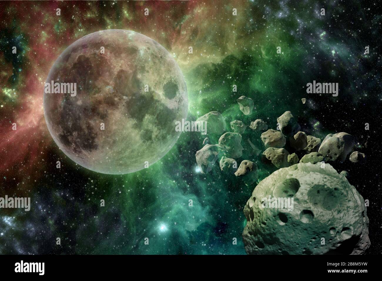 Météorites des pièces de la lune coloré Deep Space image, science fiction fantasy idéal pour le papier peint et l'impression. Éléments de cette image fournie par Banque D'Images