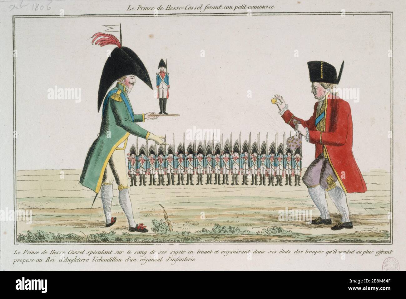 LE PRINCE DE HESSE-CASSEL FAISANT SA PETITE ENTREPRISE OFFRE AU ROI D'ANGLETERRE L'ÉCHANTILLON D'UN RÉGIMENT D'INFANTERIE "le prince de Hesse-Cassel forisant son petit commerce ... proposer au roi d'Angleterre l'écchantillon d'un régiment d'infanterie". Anonyme d'estampe. Paris, musée Carnavalet. Banque D'Images