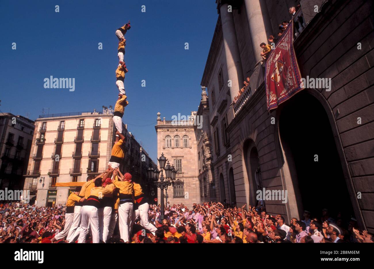 Festes de la Mercè, Pilar de set amb folre, Bordegassos de Vilanova, Barcelone, Catalogne, Europe Banque D'Images