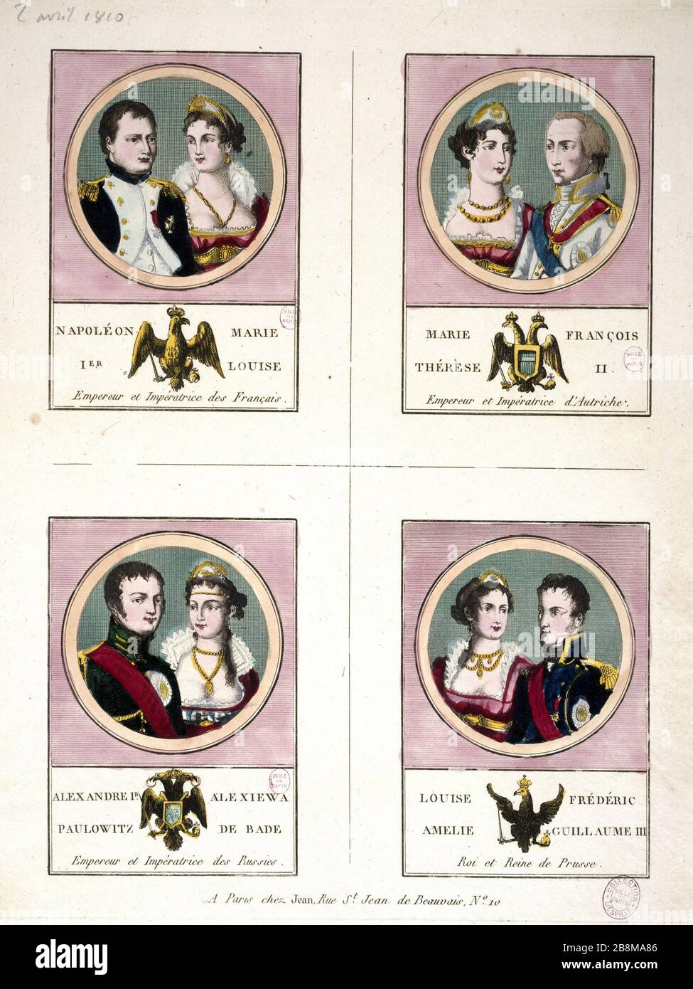 QUATRE MÉDAILLONS: NAPOLÉON IER ET MARIE-LOUISE MARIE-THÉRÈSE et FRANÇOIS II ALEXANDRE ET IER Alexieva BADEN, LOUISE ET AMÉLIE FRÉDÉRIC GUILLAUME III 'quatre médons : Napoléon Ier et Marie-Louise, Marie-Thérèse et François II, Alexandre Ier et Alexieva de Bade, Louise Amélie et Frédéric Guillaume III'. Anonyme d'estampe. Paris, musée Carnavalet. Banque D'Images