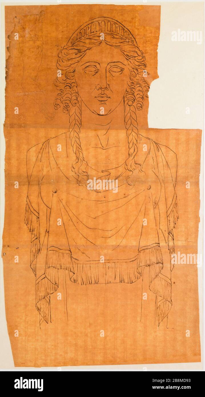 Grande figure drapée du terme féminin; étude de chien Jacques François Carbillet (1766-1828) / Guillaume Boichot (1735-1814). Grande figure drapée de terme féminin ; étude de chien. Encre noir à la plume et crayon sur papier brun. Paris, musée Carnavalet. Banque D'Images