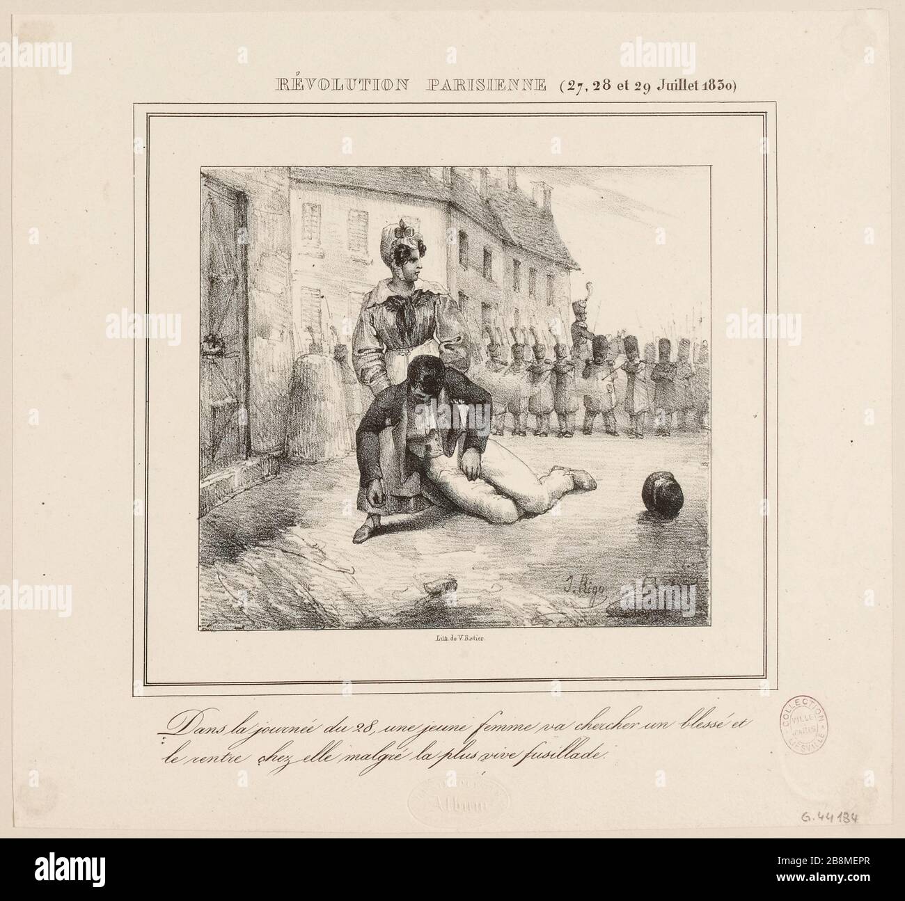 Révolution parisienne (27, 28 et 29 juillet 1830) // au 28, une jeune femme cherchera un blessé et / ou retourne à la maison malgré le tir le plus intense. (IT) Banque D'Images
