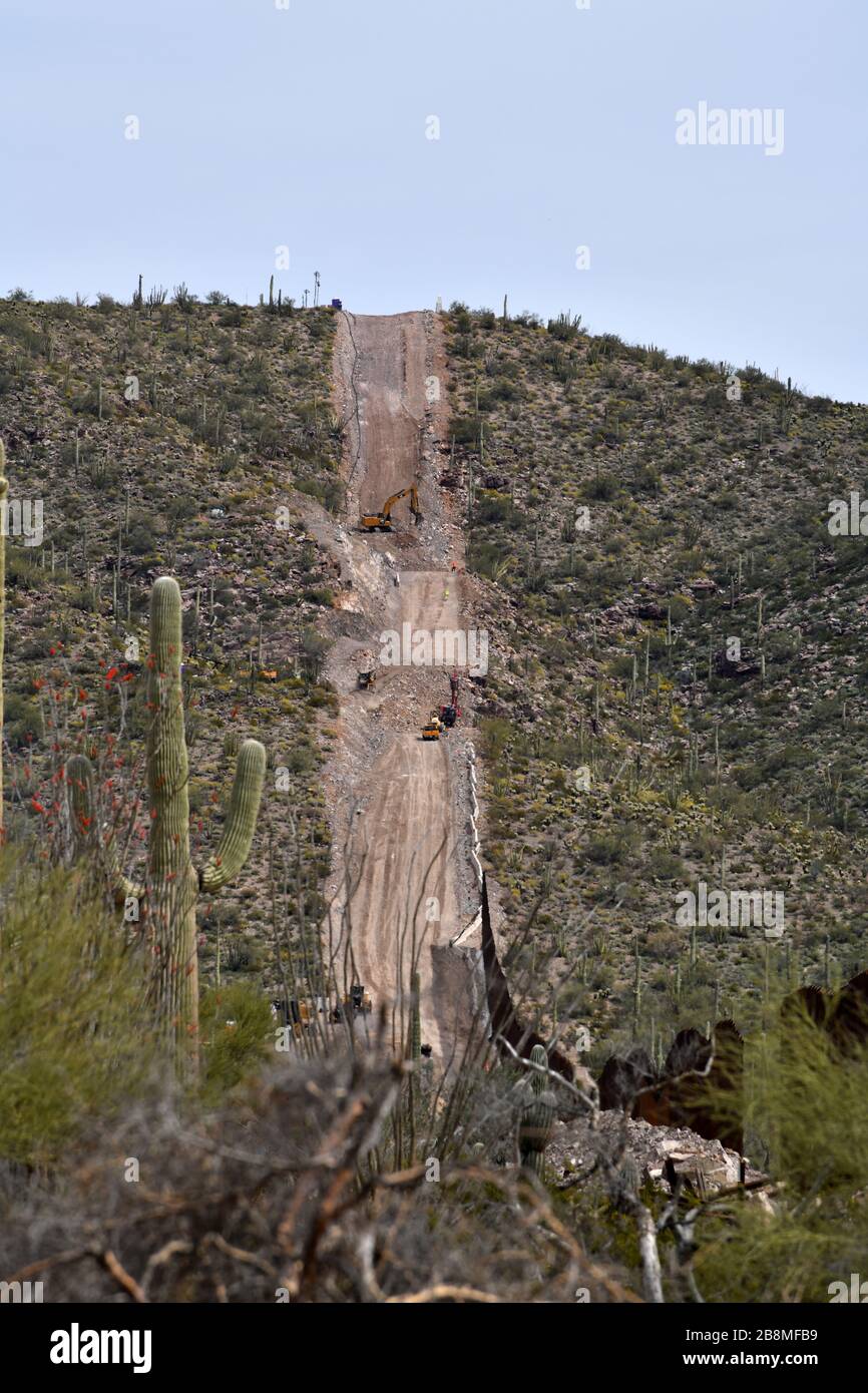 La construction d'un mur de bordure métallique dans le monument national de Cactus, dans le désert de Sonoran, à Luqueville, Arizona, aux États-Unis, sépare les États-Unis de Sonoyta Banque D'Images