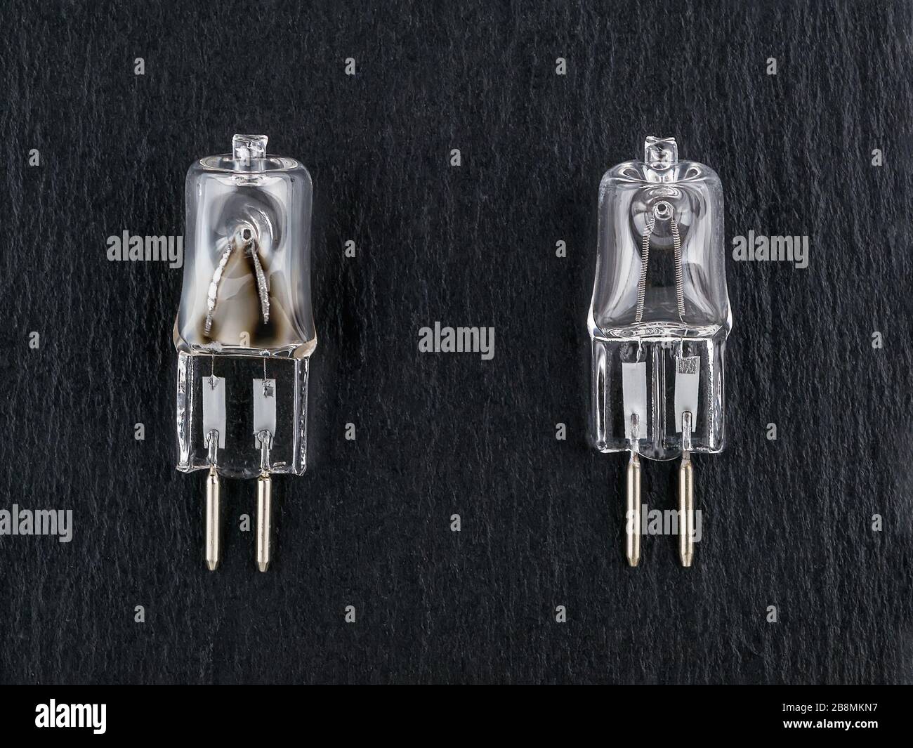 Deux petites ampoules halogènes sur fond noir: Une nouvelle et une brûlée. Gx6.35 bulbe de bipin pour la lumière pilote du studio photo lumière flash monobloc. Banque D'Images