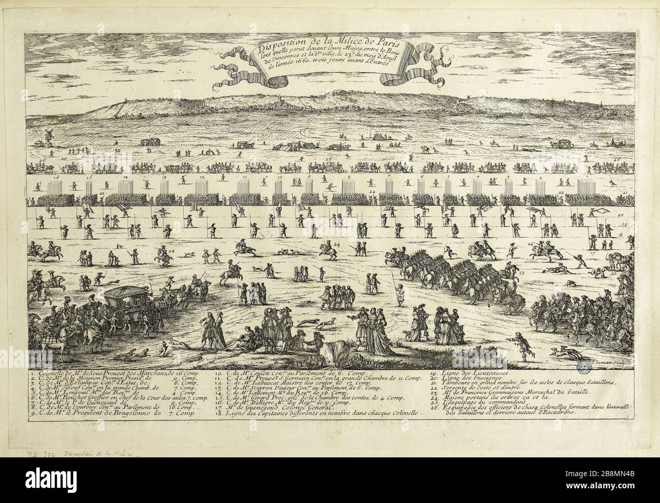 Fourniture de la milice de Paris lorsqu'elle est apparue avant leurs Majestés, entre le Bois de Vincennes et ladite ville, le 23 août de l'année 1660, trois jours avant l'entrée (Robert-Dumesnil 372) Albert Flamen (1620-1674). Disposition de la mice de Paris lorsits'elle parut devant les grands, entrée le bois de Vincennes et ladite ville, le 23 e du mois d'août de l'année 1660, trois jours avant l'entrée (Robert-Dumesnil 372). Eau-forte, XVIIème siècle. Musée des Beaux-Arts de la Ville de Paris, petit Palais. Banque D'Images
