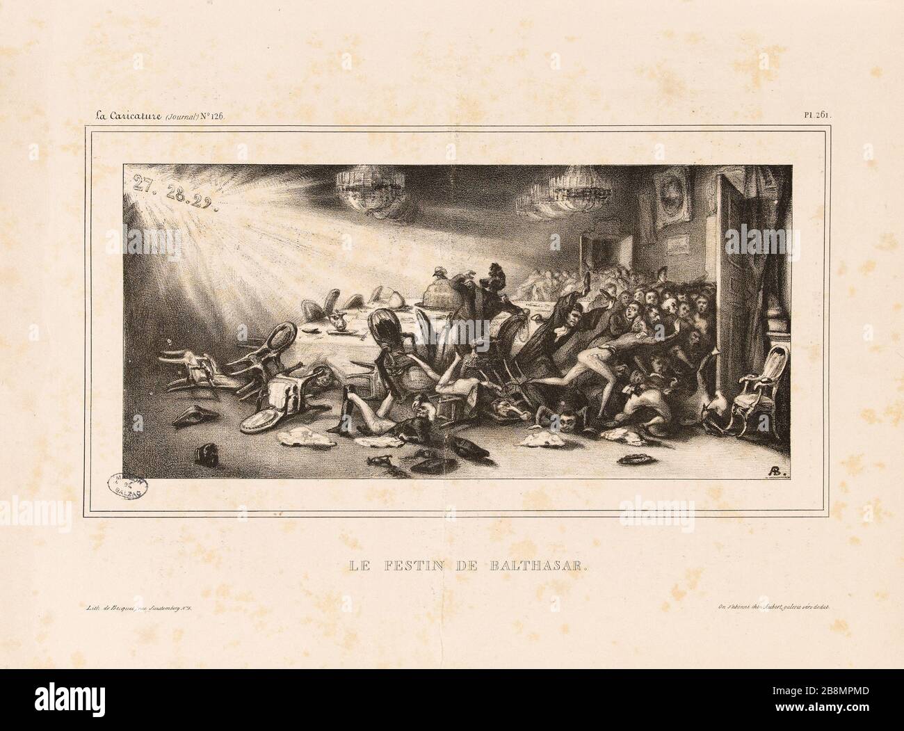 La fête de Balthasar Auguste Bouquet (1810-1846). Caricature de pression. 'Le fesestin de Balthasar'. Plan parue dans 'la caricature' du 4 avril 1833. Lithographie. Paris, Maison de Balzac. Banque D'Images