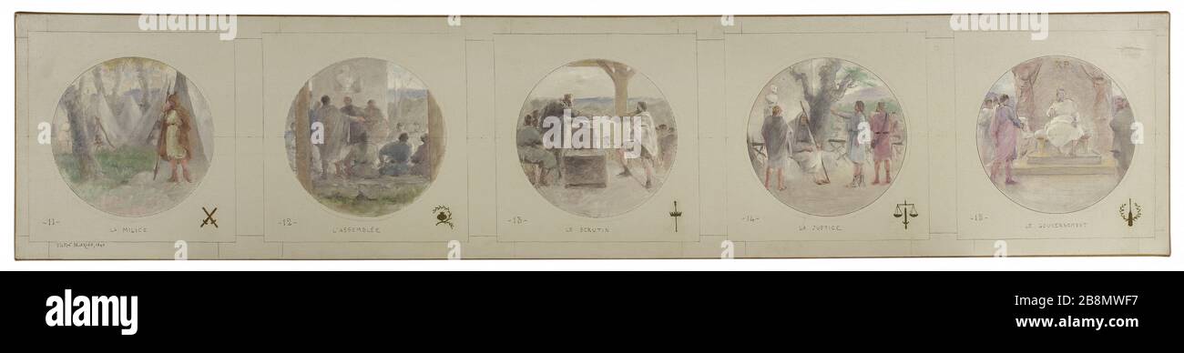 Croquis de la galerie Lobau de l'Hôtel de Ville de Paris : la Milice. L'assemblage. Vote. Justice. Le gouvernement. Jean-Pierre Victor Maziès (1836-vers 1889?). 'La Milice. L'Assemblée. Le scrutateur. La Justice. Le gouvernement'. Esquisse pour la galerie Lobau de l'Hôtel de Ville de Paris. Huile sur étoile, 1890. . Banque D'Images