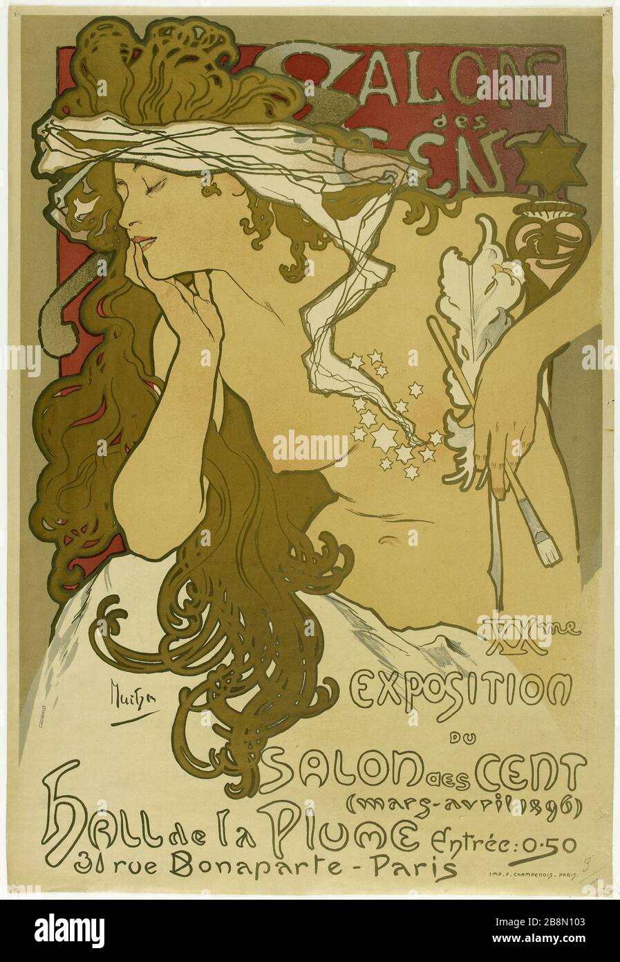 SALON OF CENT, XXme EXPOSITION OF CENT (mars-avril 1896), HALL Pen Input : o.50, 31 rue Paris Bonaparte- Alphonse Mucha (1860-1939). Fiche de la XXème exposition du salon des cent, salle de la Plume. Mars-avril 1896. Paris, musée Carnavalet. Banque D'Images