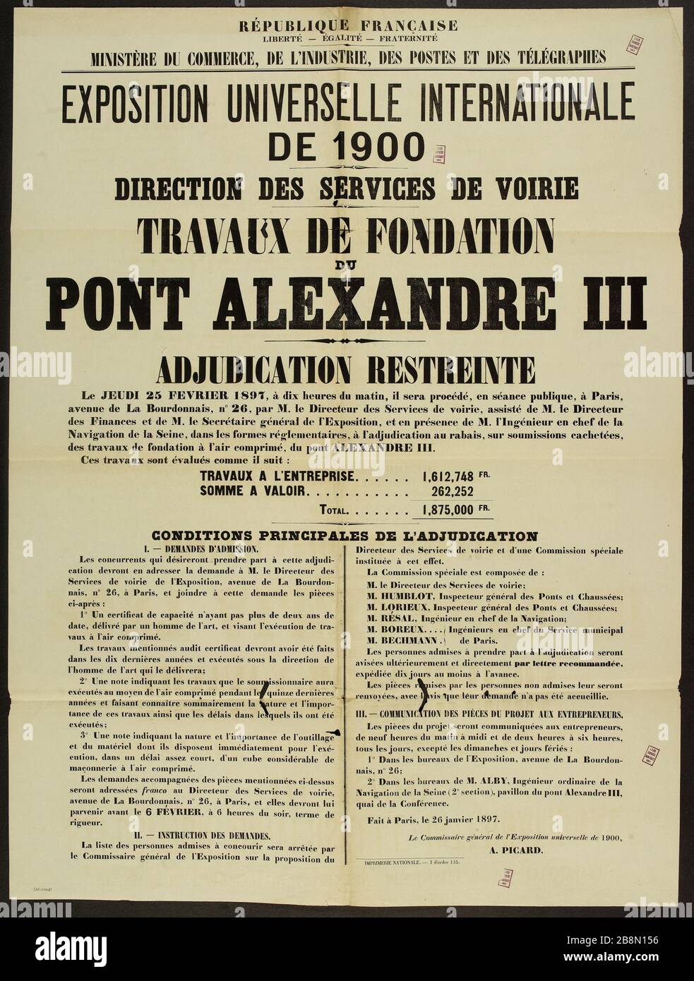 RÉPUBLIQUE FRANÇAISE, LIBERTÉ - ÉGALITÉ - FRATERNITÉ, MINISTÈRE DU COMMERCE, DE L'INDUSTRIE, POSTE ET TÉLÉGRAPHE, EXPO INTERNATIONAL 1900 DIRECTION DES SERVICES ROUTE, BRIDGE FOUNDATION TRAVAUX D'ALEXANDER III AFFICHE CULTURELLE. 'Exposition universelle internationale de 1900, direction des services de voirie, travaux de fondation du pont Alexandre III'. Ministère du Commerce, de l'Industrie, des postes et des télégraphiques. Typographie. 1897.imprimerie nationale. Paris, musée Carnavalet . Banque D'Images