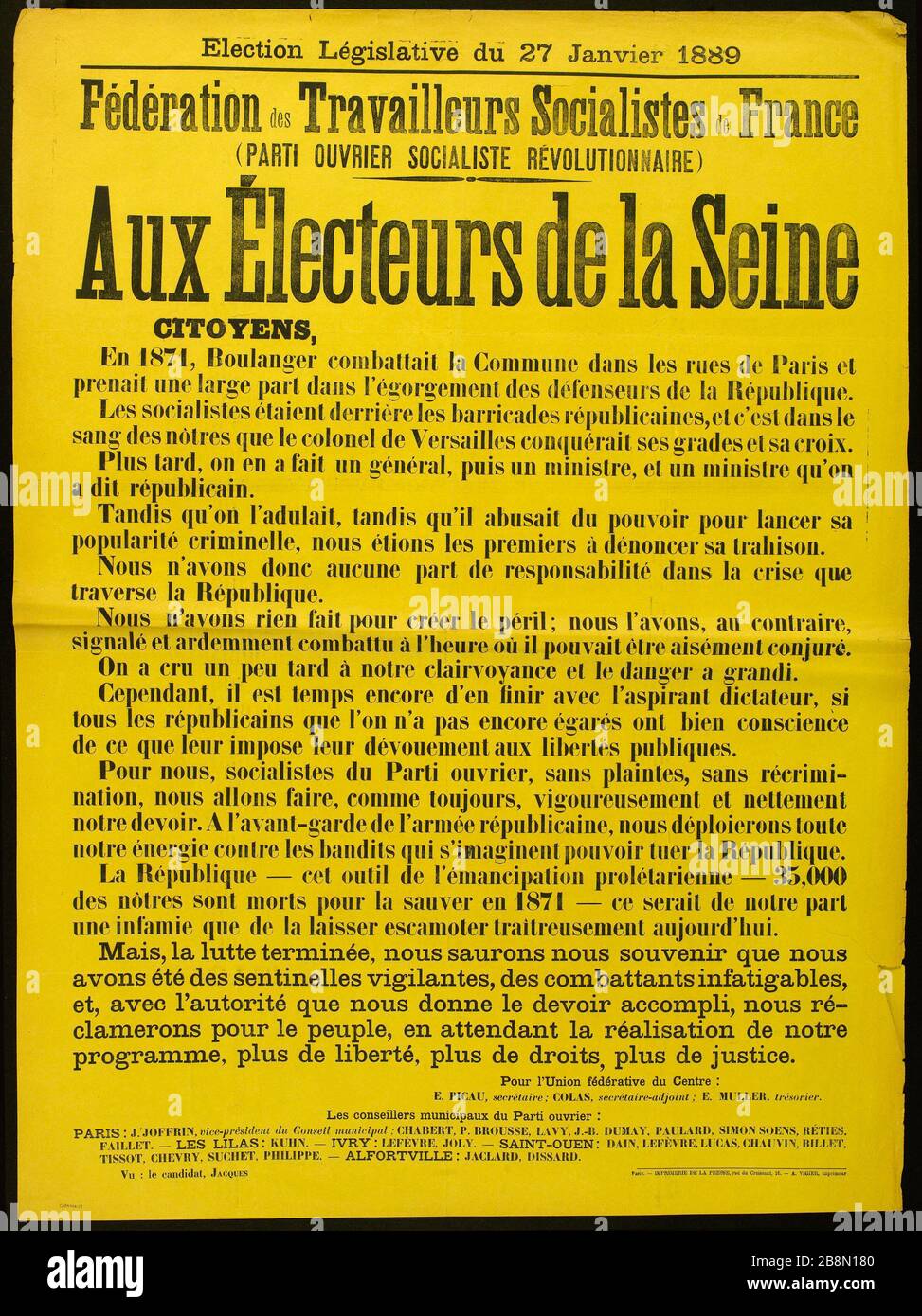 Election législative du 27 janvier 1889, Fédération socialiste des travailleurs de France (PARTI SOCIALISTE RÉVOLUTIONNAIRE DES TRAVAILLEURS) aux électeurs de la Seine imprimerie de la Presse - A. Vigier. Election Législative du 27 janvier 1889, Fédération des travailleurs sociaux de France, (PARTI OUVRIER SOCIALISTE REVOLUTIONNAIRE), aux électeurs de la Seine. Typographie sur papier jaunisse. 1889. Paris, musée Carnavalet. Banque D'Images