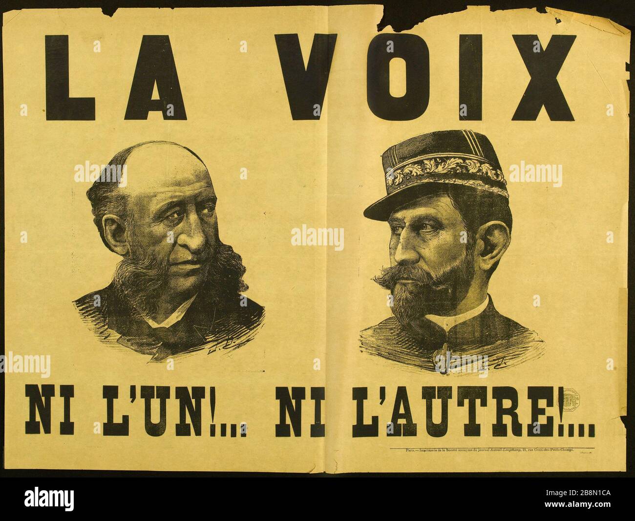 VOIX OU UNE ! ... OU UN AUTRE ! ... Imprimerie de la Société Anonyme d'Auteuil-Longchamp. LA VOIX, NI L'ONU ! ... NI L'AUTRE ! .. Lithographie en N. et B. et typographie sur papier jaunisse. 1889. Paris, musée Carnavalet. Banque D'Images