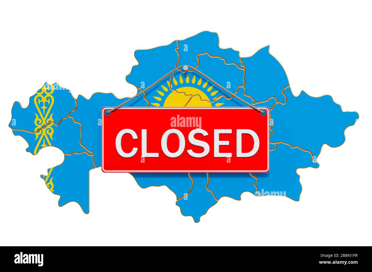 Carte kazakh avec panneau de suspension fermé, concept de quarantaine. Rendu 3D isolé sur fond blanc Banque D'Images