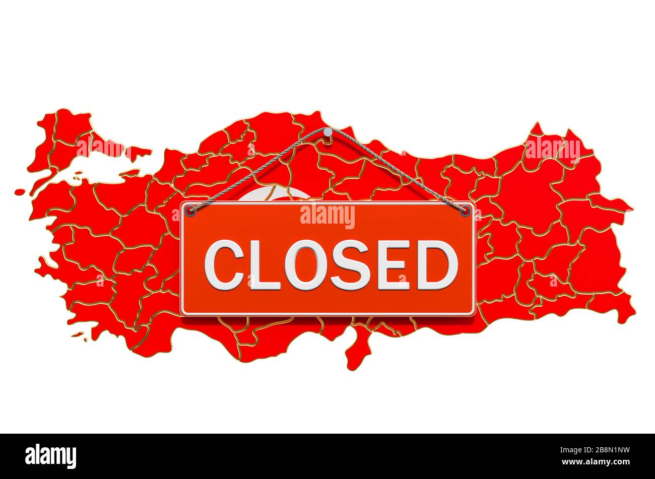 Carte turque avec panneau d'affichage fermé, concept de quarantaine. Rendu 3D isolé sur fond blanc Banque D'Images