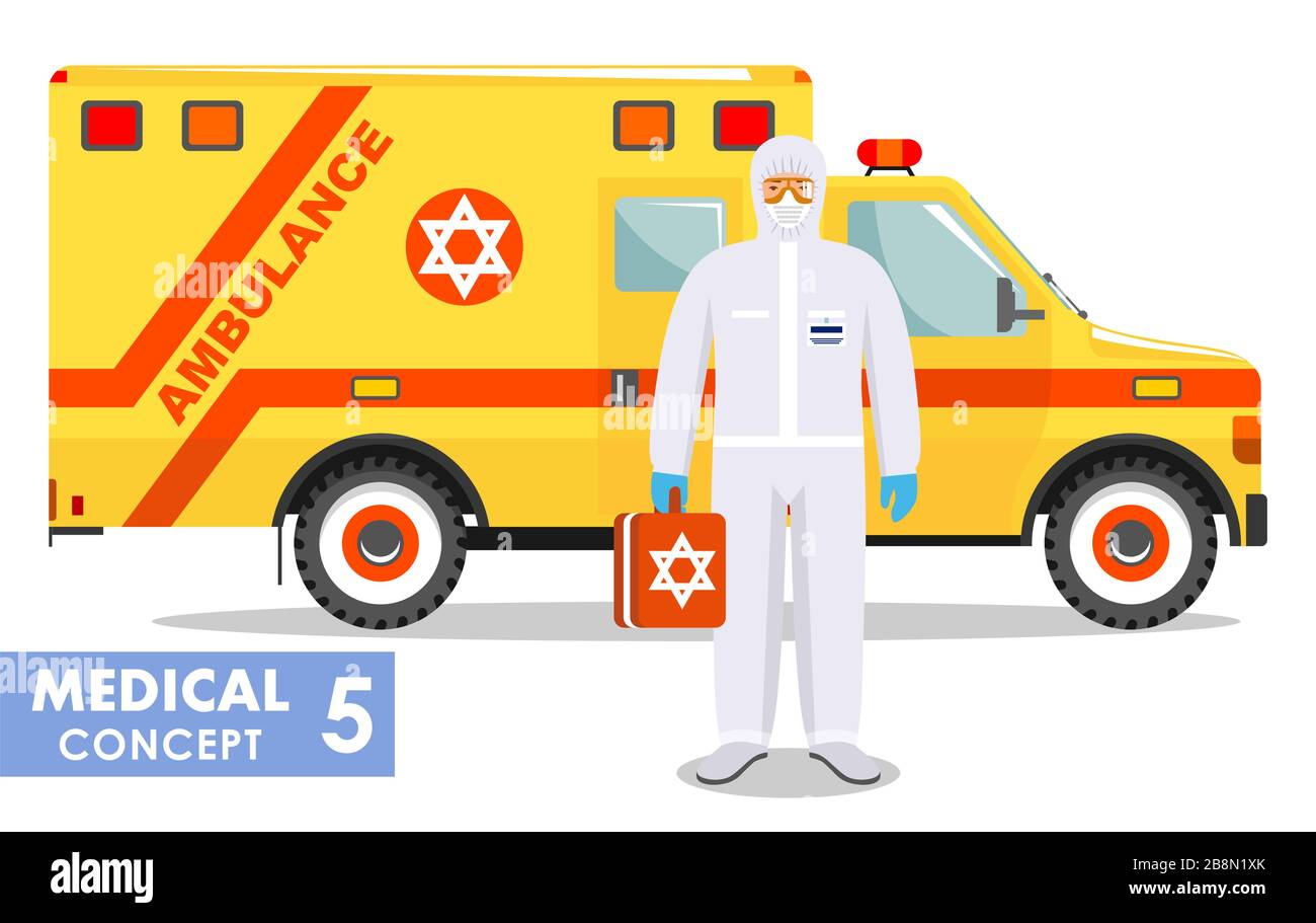 Concept médical. Illustration détaillée d'un médecin d'urgence juif dans un costume de protection et masque près d'une ambulance sur fond plat. Virus Illustration de Vecteur