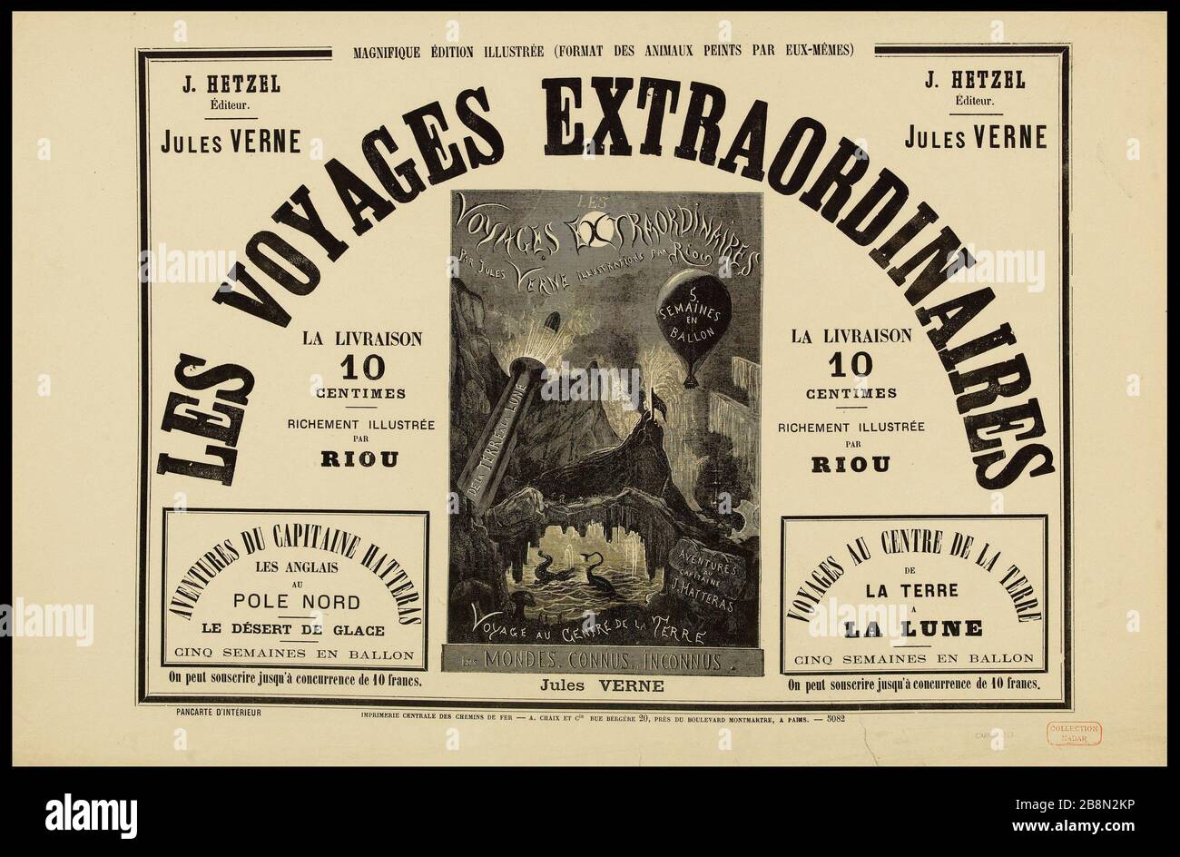 BELLE ÉDITION ILLUSTRÉE (FORMAT DES ANIMAUX PEINTS PAR EUX-MÊMES), J. HETZEL EDITOR. JULES VERNE VOYAGE SPÉCIAL Affiche publicitaire. « les voyages extraordinaires » par Jules Verne. Magnifique édition illustraée (format des animaux de pêche par eux-mêmes). Lithographie en noir et blanc et typographie. 1864. Imprimerie Chaix. J. Het Zel Editeur. Paris, musée Carnavalet . Banque D'Images