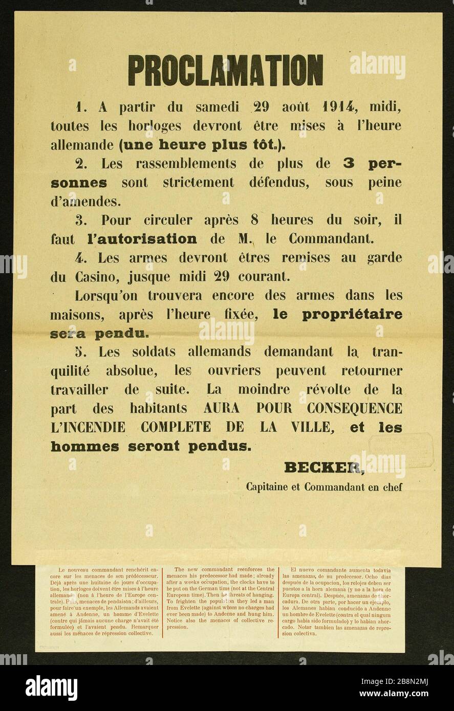 PROCLAMATION 1. À partir du samedi 29 août 1914, midi, toutes les horloges seront mises à l'heure allemande (une heure tôt). Anonyme. PROCLAMATION, 1. A partir du samedi 29 août 1914, midi, toutes les horloges devavant être mises à l'heure allemande (une heure plus tôt). Typographie. 1914. Paris, musée Carnavalet. Banque D'Images