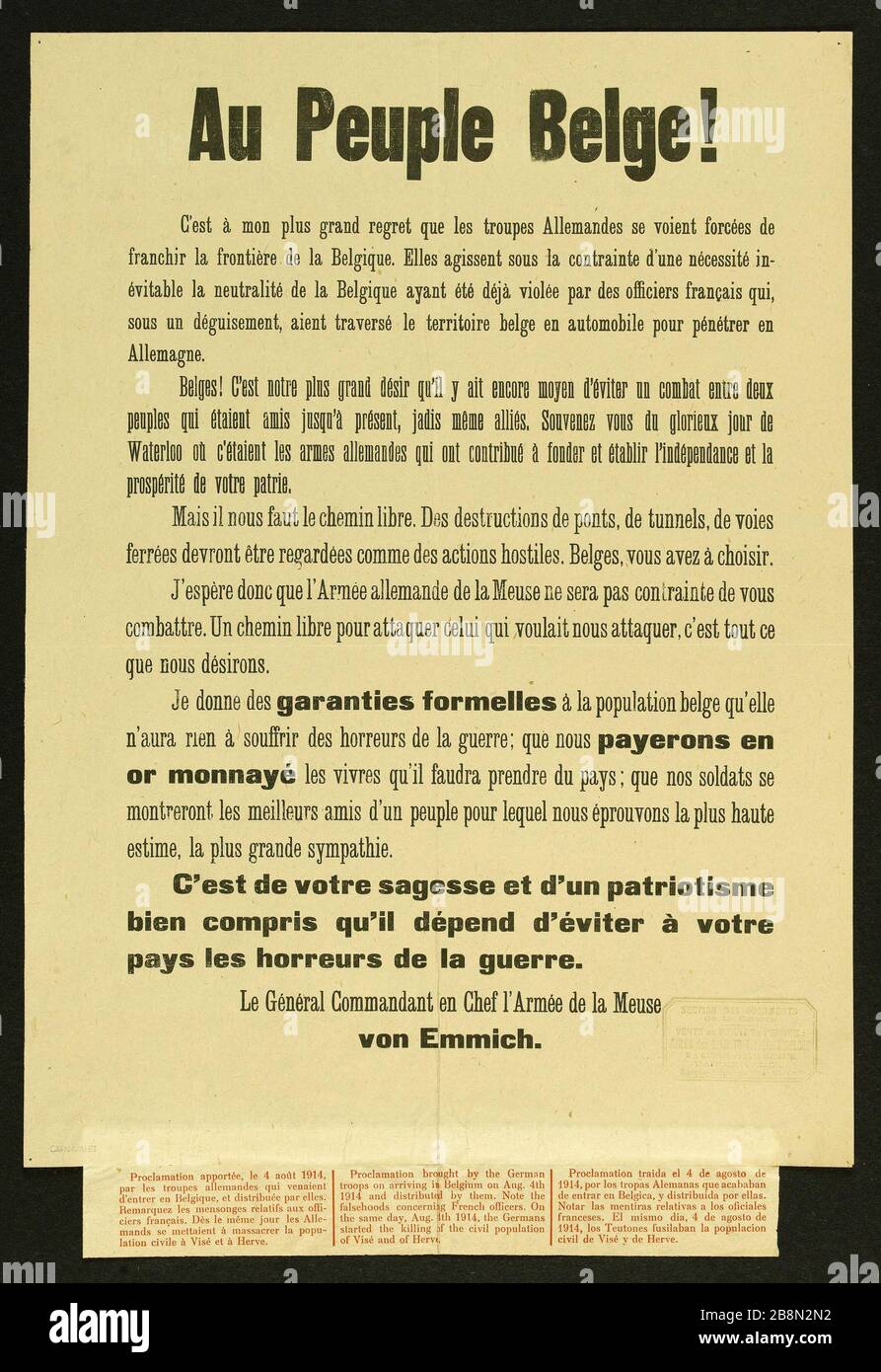 Au peuple belge! C'est mon plus grand regret que les troupes allemandes soient forcées de traverser la frontière avec la Belgique. Anonyme. Au Peuple Belge ! C'est à mon plus grand regret que les troupes Allemandes se voient forcées de franchir la frontière de la Belgique. Typographie. 1914. Paris, musée Carnavalet. Banque D'Images