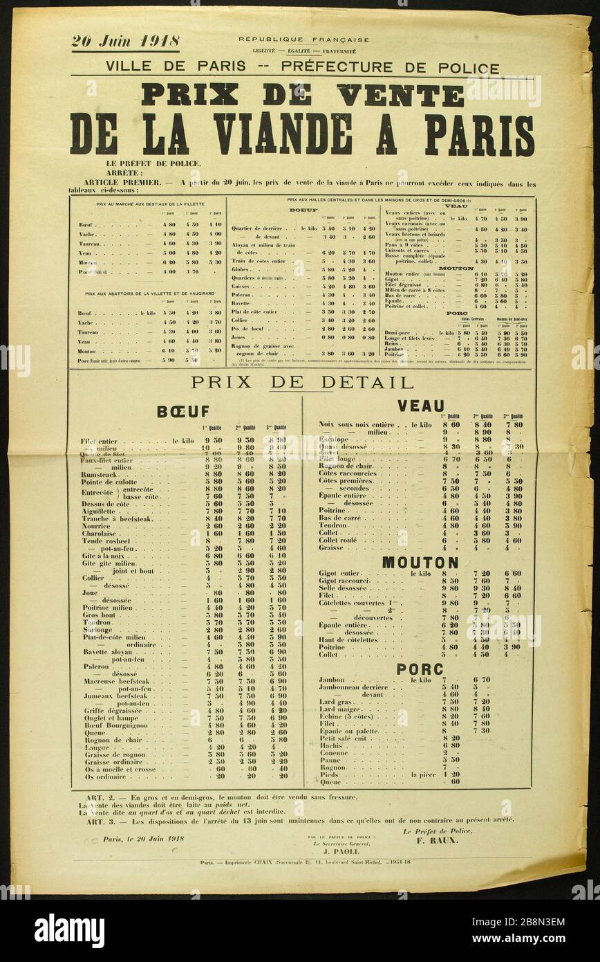 20 JUIN 1918, RÉPUBLIQUE FRANÇAISE, LIBERTÉ - EGALITE - FRATERNITÉ, VILLE DE PARIS - PRÉFECTURE DE POLICE VENDANT LE PRIX DE LA VIANDE À PARIS IMPRIMERIE CHAIX. 20 JUIN 1918, RÉPUBLIQUE FRANCAISE, LIBERTE - EGALITE- FRATERNITE, VILLE DE PARIS - PRÉFECTURE DE POLICE, PRIX DE VENTE DE LA VIANDE A PARIS. Typographie. 1918. Paris, musée Carnavalet. Banque D'Images