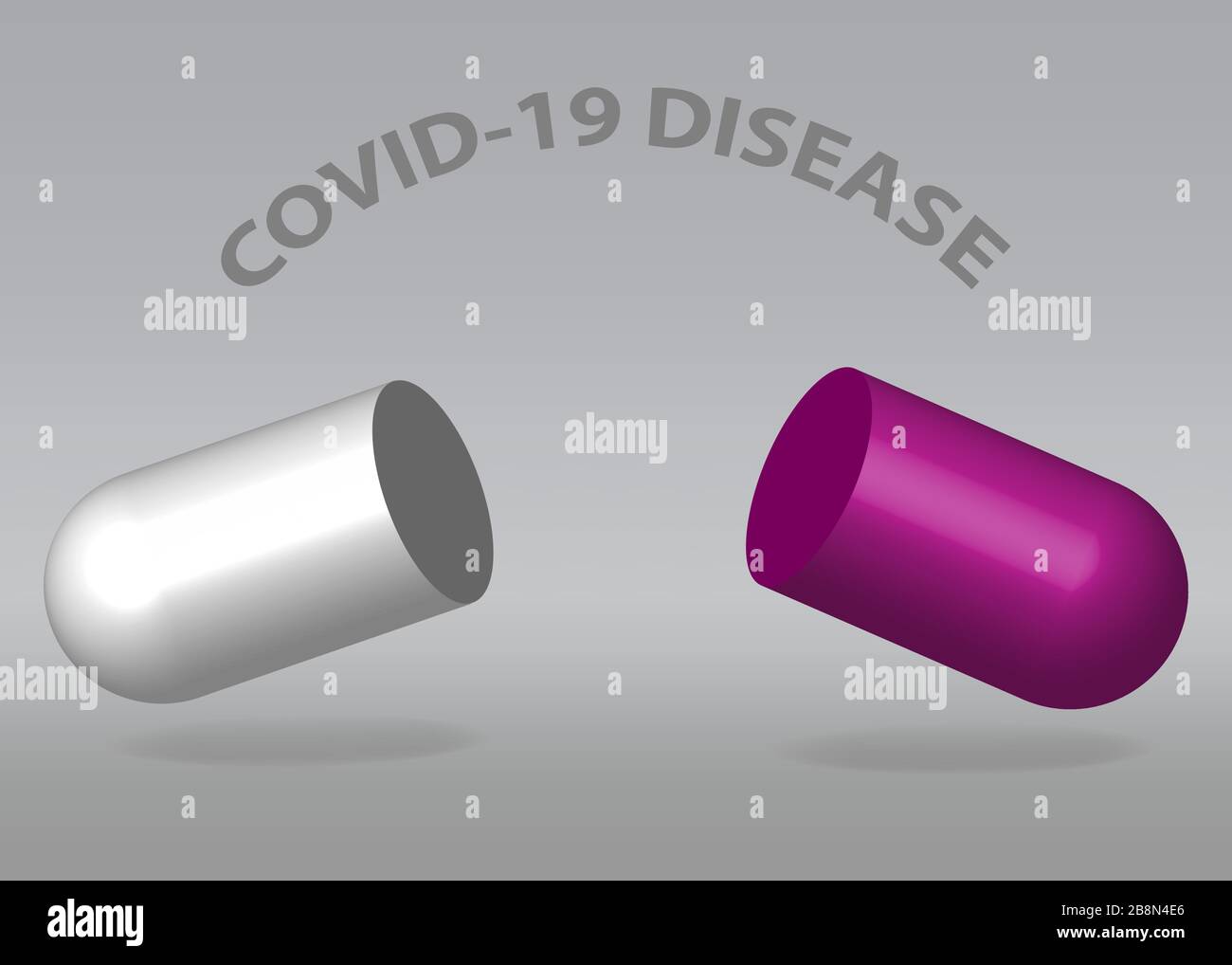 Développement de médicaments pour COVID-19 concept vectoriel montrant une capsule vide avec réduction de moitié avec inscription sur fond gris. Prêt pour votre utilisation. Illustration de Vecteur