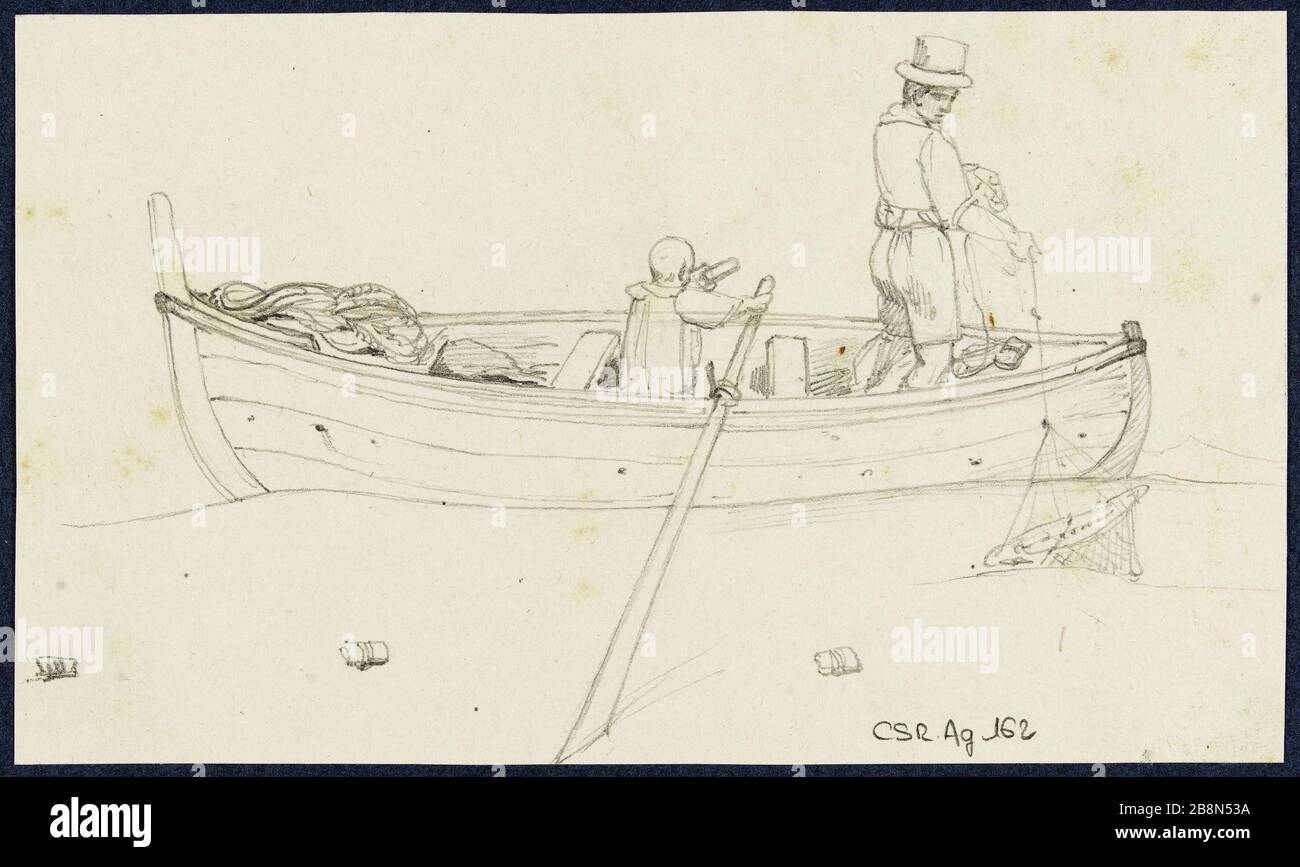 Bateau ​​fishing mer René Marjoin (1812-1895). Barque de pêcheurs en mer. Graphite de crayon. Paris, musée de la vie romantique. Banque D'Images