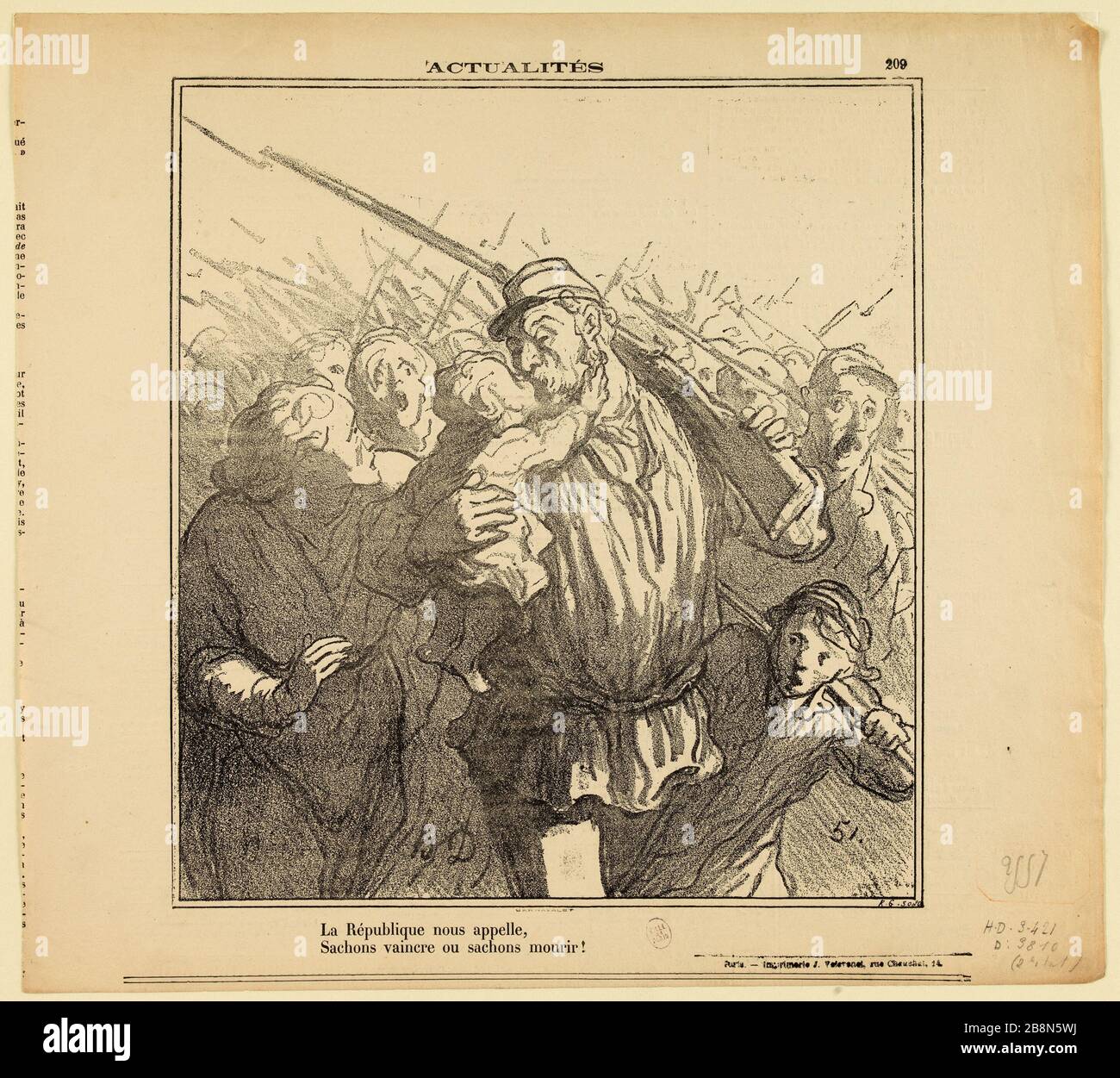 News # 209: La République nous appelle, nous allons conquérir ou mourir! Daumier, Honoré. 'Actualités n°209 : la République sous-appelle, Sachons saincre ou sachet mourir !'. Lithographie en noir. Paris, musée Carnavalet. Banque D'Images