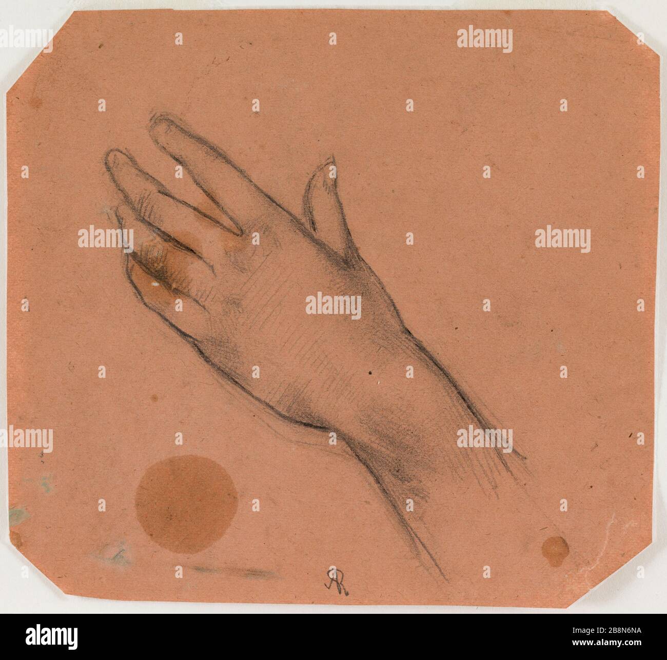 Étude de la main gauche Ary Ernest Renan (1858-1900). Etude de la gauche principale. Etude de la gauche principale. Crayon graphite et noix de crayon noir sur papier rose. Paris, musée de la vie romantique. Banque D'Images