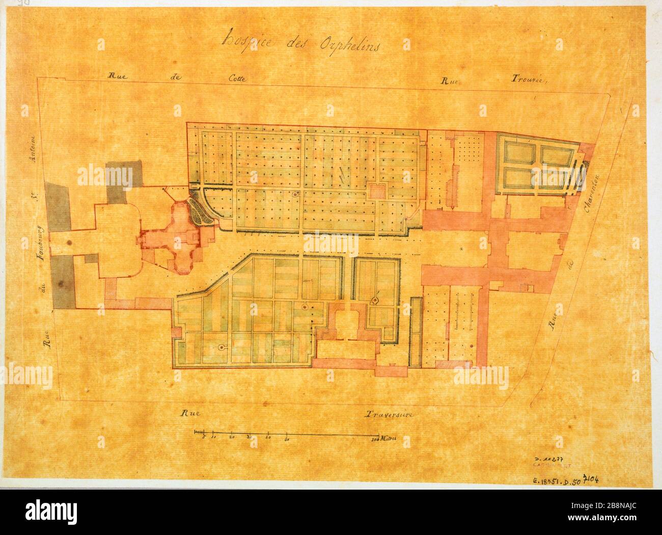 Orphelins du plan hospice Faubourg Saint Antoine Street Anonyme. Plan de l'hospice des Orphelins, rue du Faubourg Saint Antoine. Paris (XIIème arr.). Panache, encre Noire, rouge, lavis bleu et rose sur calcaire. Paris, musée Carnavalet. Banque D'Images