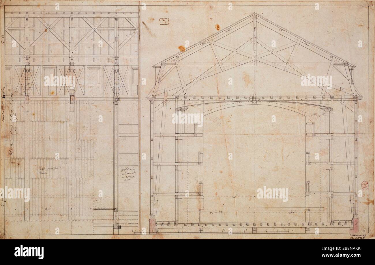 Carte Théâtre des étudiants de l'Opéra et couper le cadre 1780 Anonyme. Plan du théâtre des Elèves de l'Opéra et coupé de la charpente, 1780. Paris (IIIème arr.). Panache, encre de chine, lavis rose. Paris, musée Carnavalet. Banque D'Images